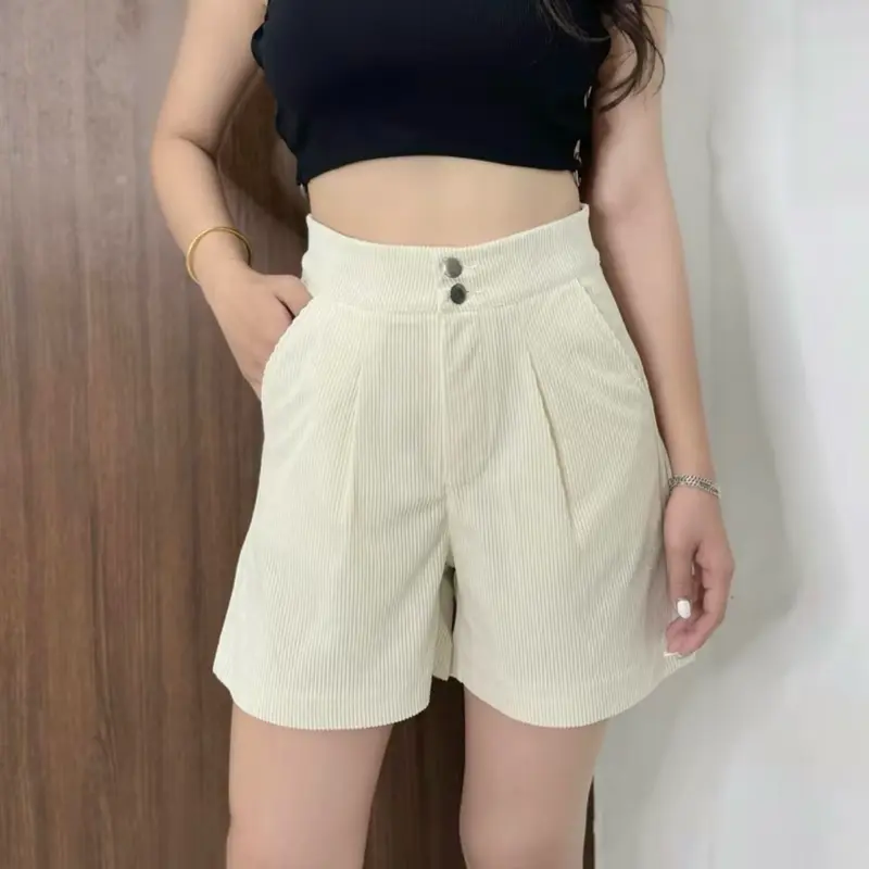 Quần Short Nhung Gân Lưng Cao Nữ Hàn Quốc Chất Liệu Nhung Gân Mềm Mịn Phù Hợp Mọi Lứa Tuổi 0