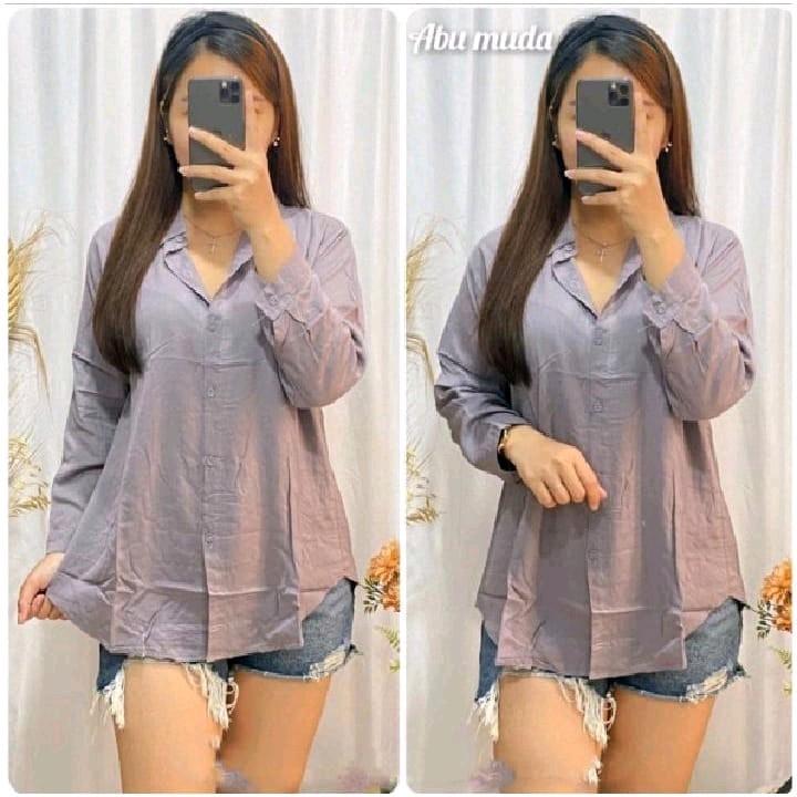 KEMEJA OVAL WANITA LENGEN PANJANG Polos Crinkle Baju Atasan Kerja Basic Casual Santai Kancing Oversize Simple 7