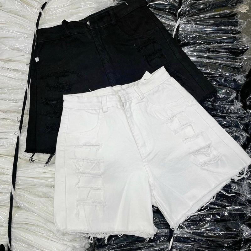 (SML Túi Sau ) Quần shorts đùi nữ lưng cao phối rách bụi trước đùi- chất kaki jean co giãn ,  Denim Pants Màu Trắng Women Có Túi