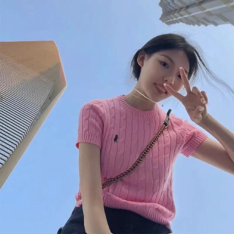 Áo ngắn Tay Dệt Kim Cáp Ngựa Con Thêu, Dành Cho Phụ Nữ, Áo Thun Cổ Tròn, Phong Cách Preppy, Xoắn Mỏng Vừa Vặn, Áo Cơ Sở, 63% Tỷ Lệ Mua Lại