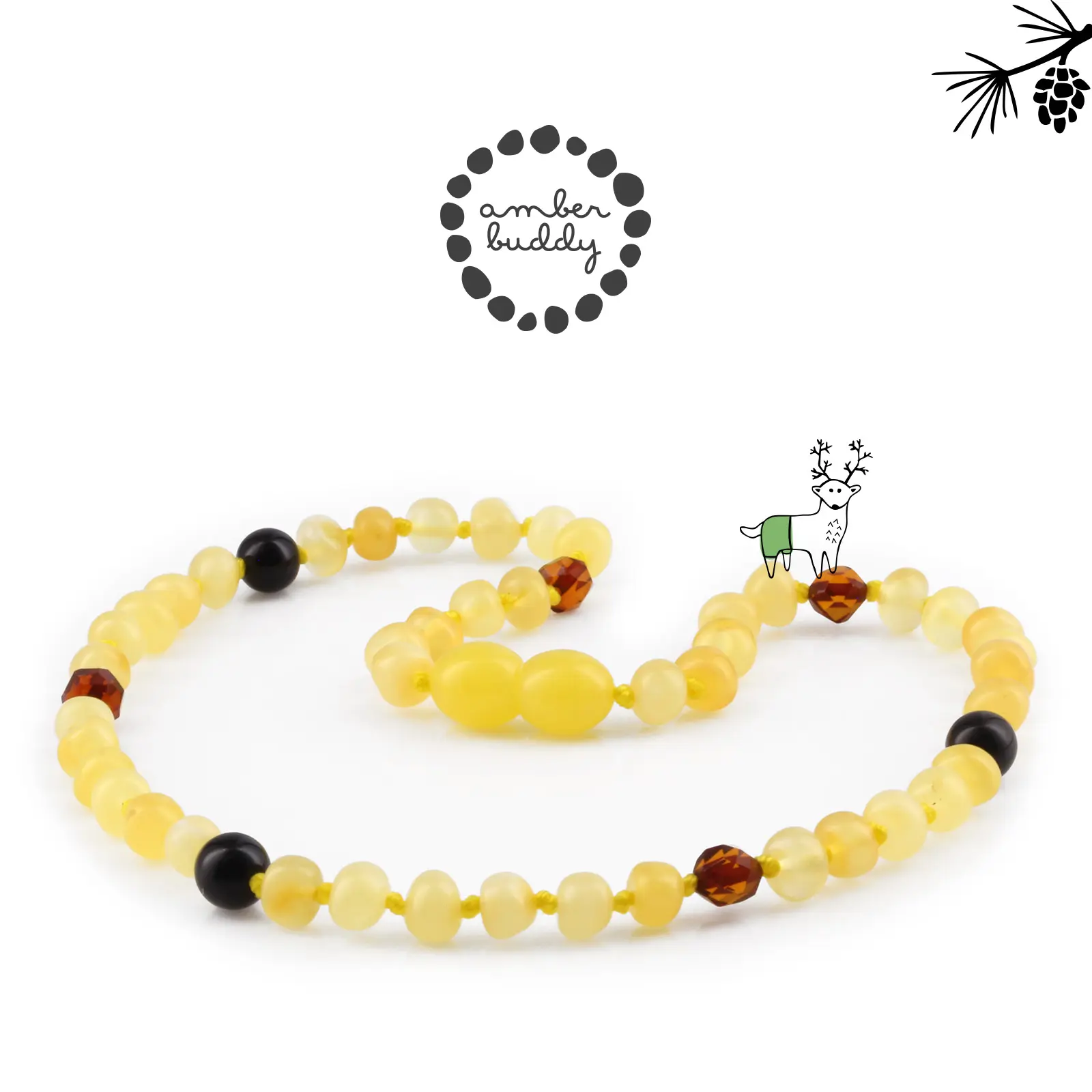 Amber Buddy | LE518 Kalung Bayi Baltic Amber kombinasi Black Onyx. 32cm