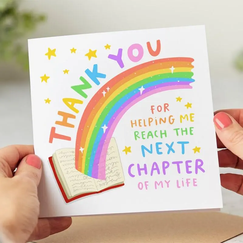Rainbow & Book Pattern Thank You Card, 1 Count Creative Rainbow & Book Design Greeting Card, Gift Card for Friend, Teacher, End Of School Card