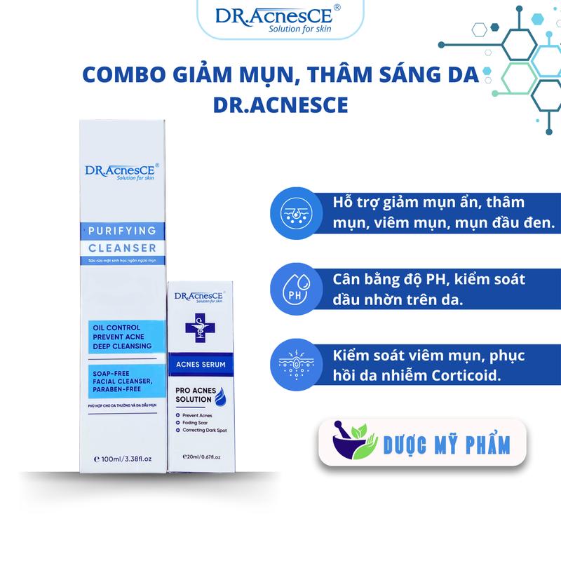 Combo Giảm Mụn Mờ Thâm, Mụn Ẩn, Mụn Đầu Đen, Kiểm Soát Dầu Nhờn DracnesCE, Serum Mụn Acnes 20ml,  Sữa Rửa Mặt Sinh Học 100ml - Sản phẩm Dược Mỹ Phẩm Việt Nam dành cho da mụn. Skincare