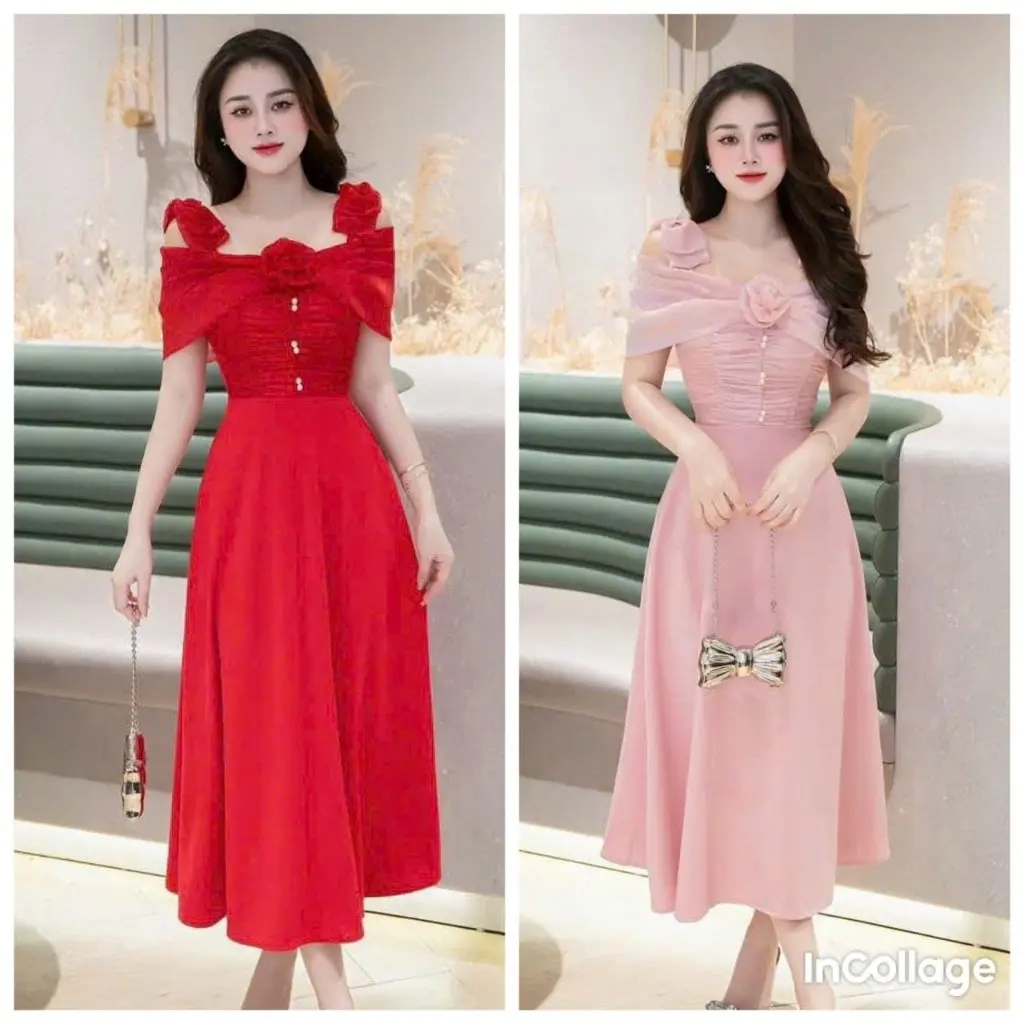 Đầm nữ dự tiệc dáng dài HT90, đầm nhún thun kết bông chất vải Marano (phía sau mocking) Lyly - Women, Nhung