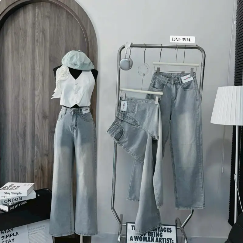 QJ45 - Quần Jeans Ống Suông Form Rộng Wash Loang Màu Bạc Phối Tag Lưng Cao Ống Rộng Tôn Dáng Form Unisex Ong Nữ 5