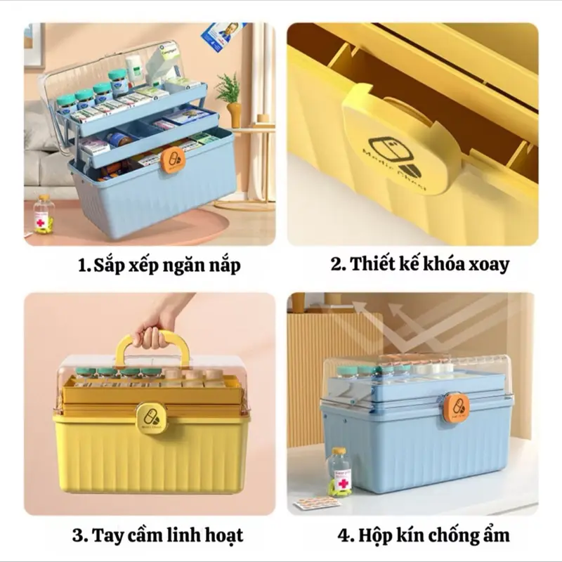Hộp đựng thuốc gia đình, tủ đựng thuốc y tế chia ngăn có tay cầm và khoá hộp chắc chắn, chất liệu PP siêu bền