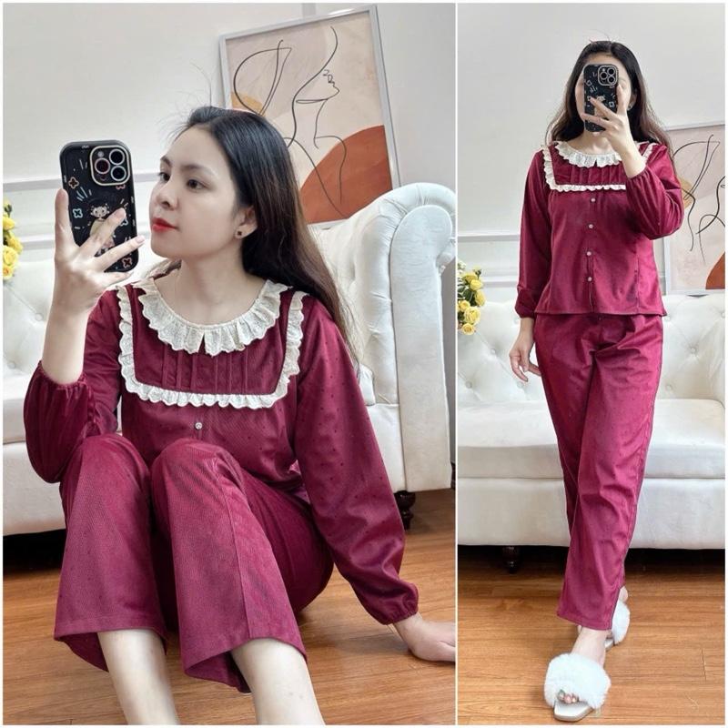 Bộ chất nhung chấm bi phối ren 4 khuy áo chui đầu