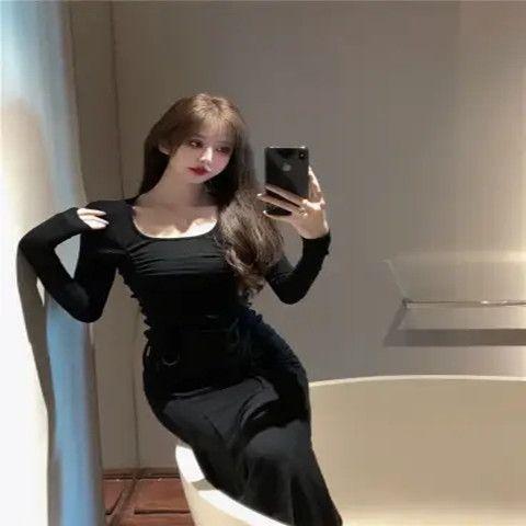 Product Introduction of Black square neck long sleeved dress for women, Korean style fashion solid color Retract your waist Wrap the buttocks casual fish tail mid length skirt 9