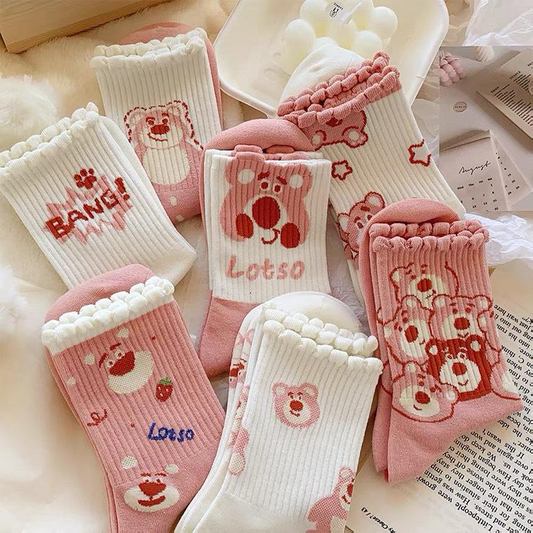 Set 10 Tất Vớ Nữ Cao Cổ Họa Tiết Gấu Dâu Tây Màu Hồng Dễ Thương Phong Cách Hàn Quốc tat gaucocao Women bi luoi lót 5d t at chân xoăn congan da dày