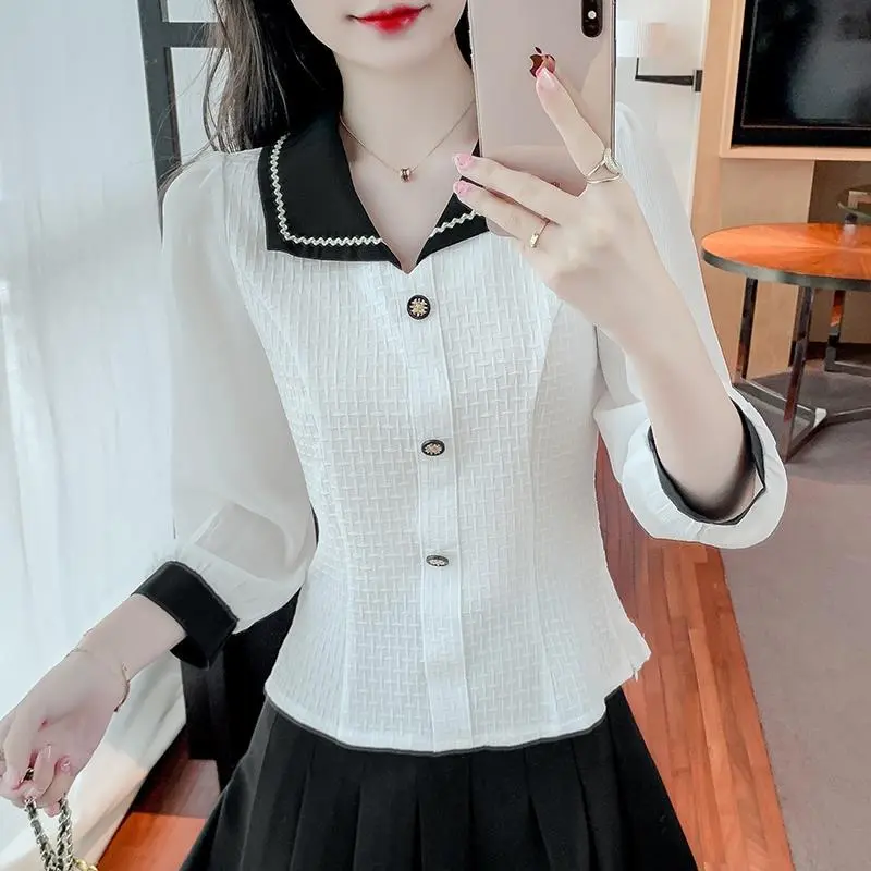 Áo Voan, Cho Nữ, Ngắn Tay, Cổ Búp Bê, Phong Cách Thanh Lịch, Phong Cách Phương Tây, Áo Sơ Mi Nhỏ Dáng Ôm, Áo Sang Trọng Cao Cấp, Thời Trang Mùa Thu 2024