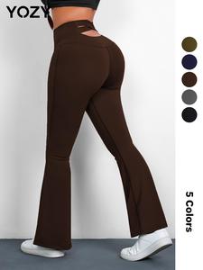 YOZY-GOOO Criss Cross Waistband Leggings, Casual Solid Seamless Tummy Control High Waist Flare Legs, 2024 Women's Sports Gym Yoga Activewear for Spring & Summer & Autumn