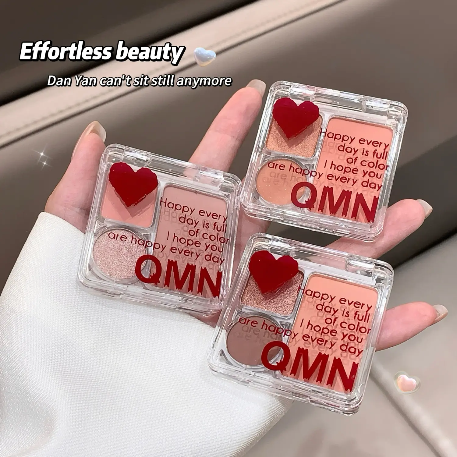 QMN Sweetheart Cloud Eyeshadow Tri-Color Eyeshadow Matte Pearlescent Glitter Easy to Blur Eyeshadow Exquisite Color Makeup
