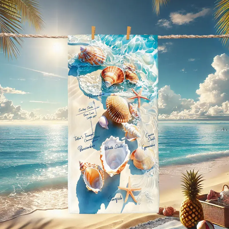 Summer Beach Starfish & Wave & Shell Pattern Beach Towel, Quick-drying Absorbent Towel, Household Towel for Beach Camping Swimming Pool 0