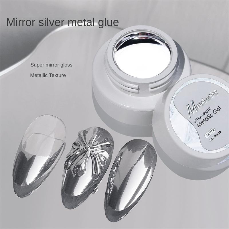 Sơn móng tay kim loại siêu sáng, sơn gel hiệu ứng gương Màu bạc vàng, đường vẽ hoa, keo tự làm kiểu Pháp, 12ml