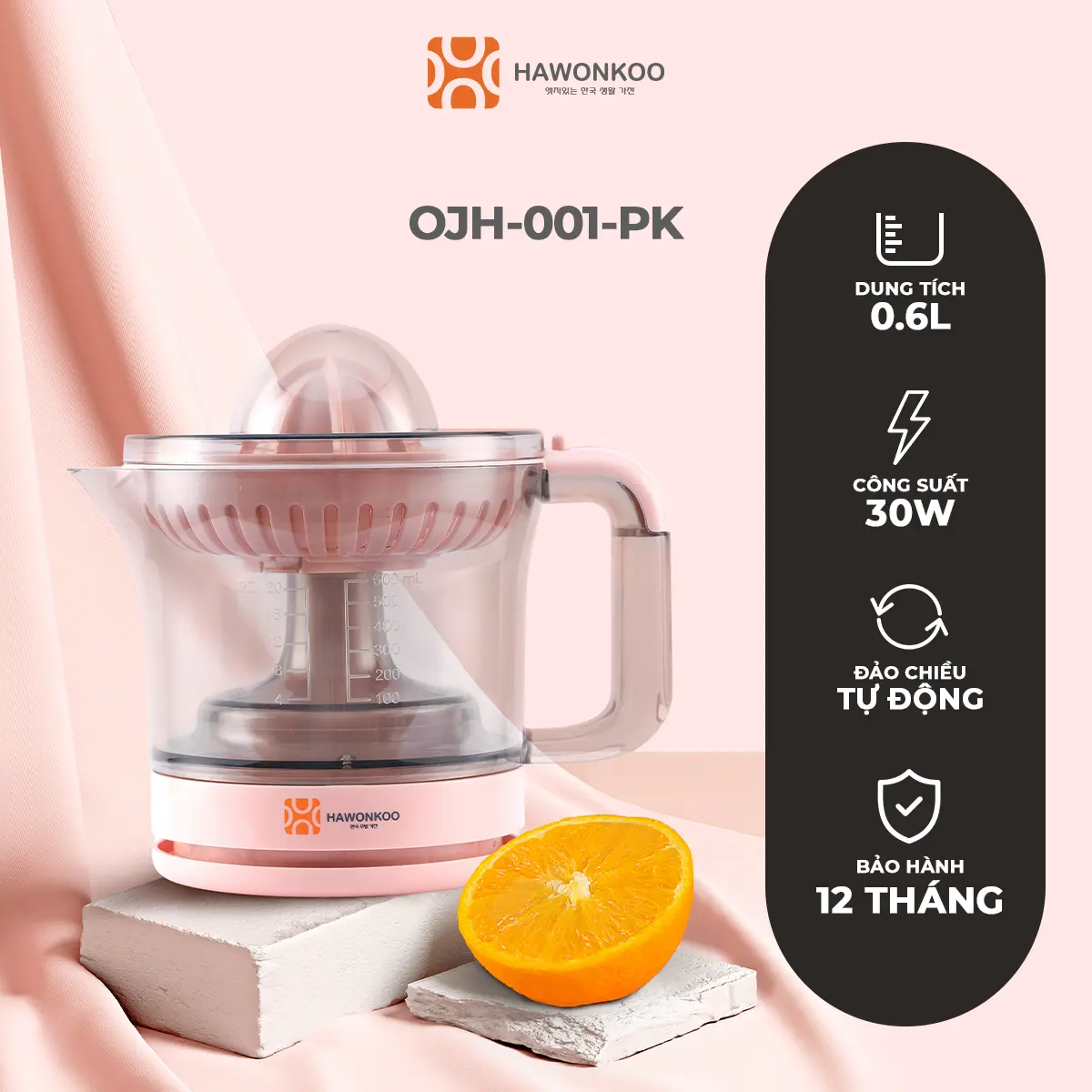 Máy Vắt Cam HAWONKOO OJH-001-PK Hồng Pastel 30W 600ML Hàng Chính Hãng Bảo Hành 12 Tháng - Thương Hiệu Hàn Quốc