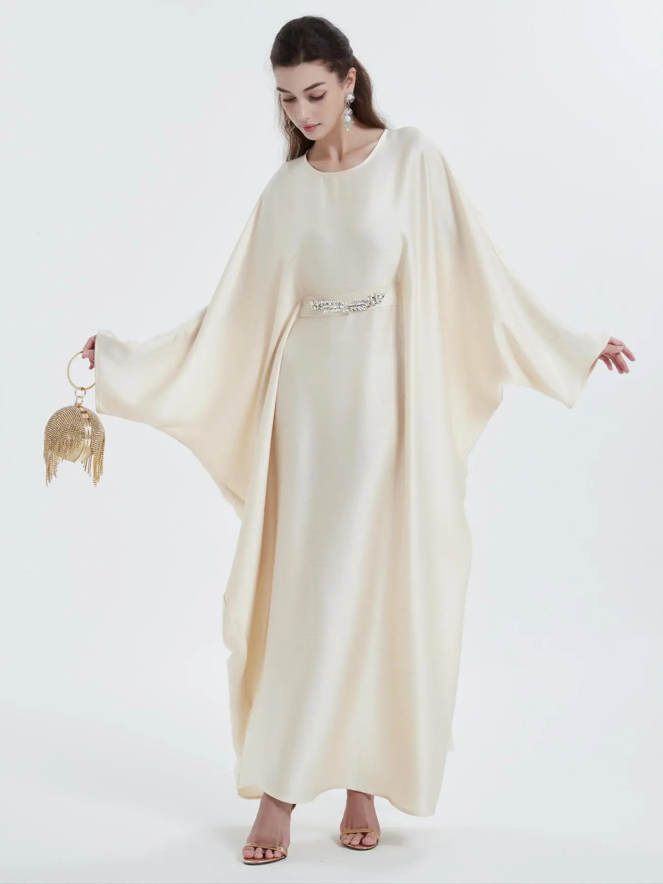Women's Plain Rhinestone Decor Batwing Sleeve Kaftan Dress, Elegant Modest Keyhole Neckline Long Sleeve Maxi Silk Dress for Party Wedding Guest, Ladies Clothes for All Seasons, Modest Dresses for Women
