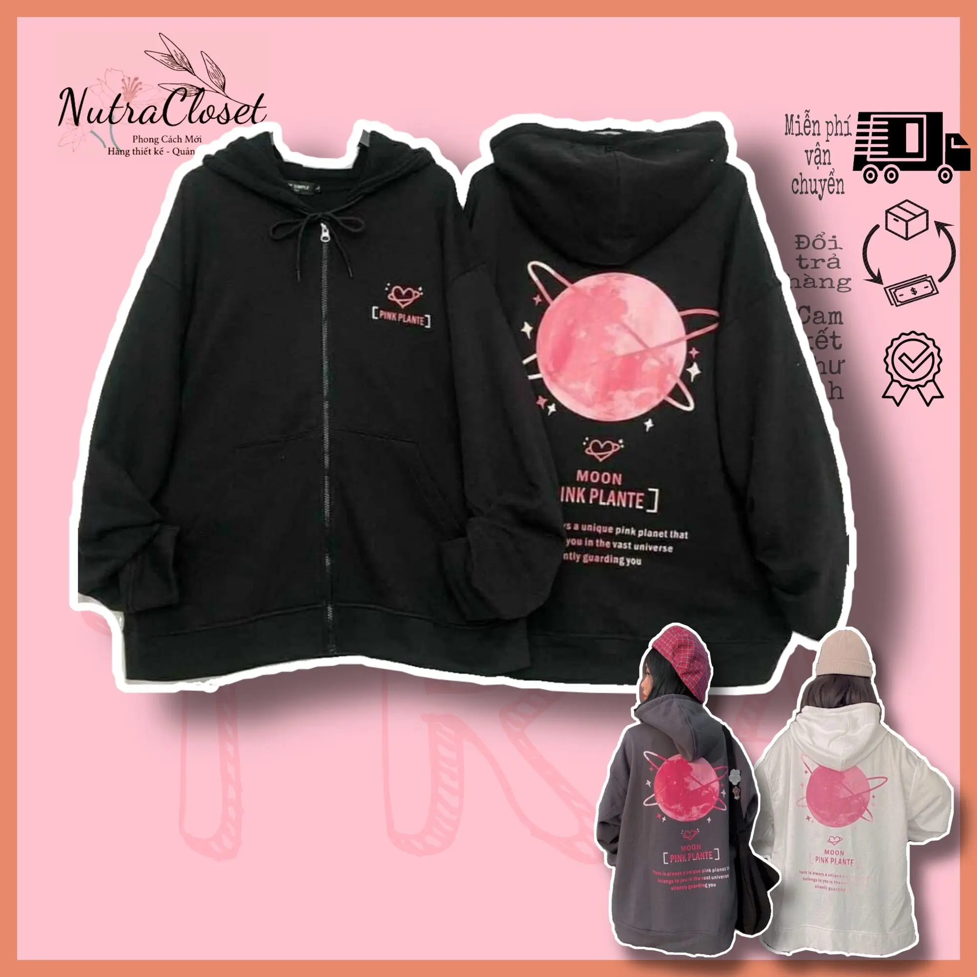 Áo khoác nỉ ngoại in mặt trăng có nón unisex nam nữ