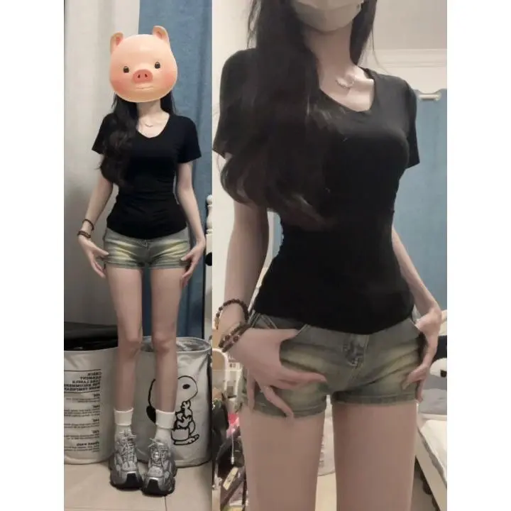 Black V-neck Waist-Tight Shoulder Short-Sleeved T-shirt 2024 Women's Summer Slim Fit Slim Hot Girl American High Waist Crop Top
