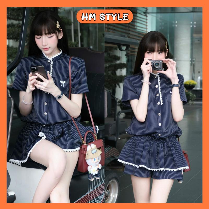 Set váy nữ Jumpsuit cổ tàu phối viền ren đính cúc đồng túi thêu nơ kèm quần short rời, set bộ đồ nữ tiểu thư HB980