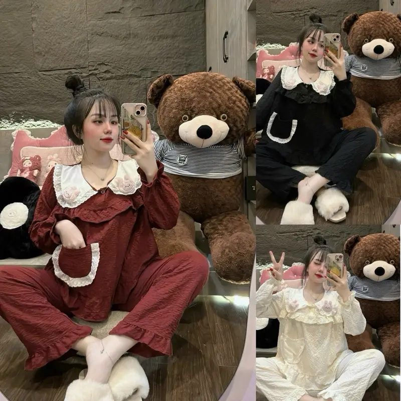Bộ đồ ngủ nữ chất đũi cao cấp H132, pijama tay dài cổ bèo, họa tiết thú bông, freesize 40-60kg