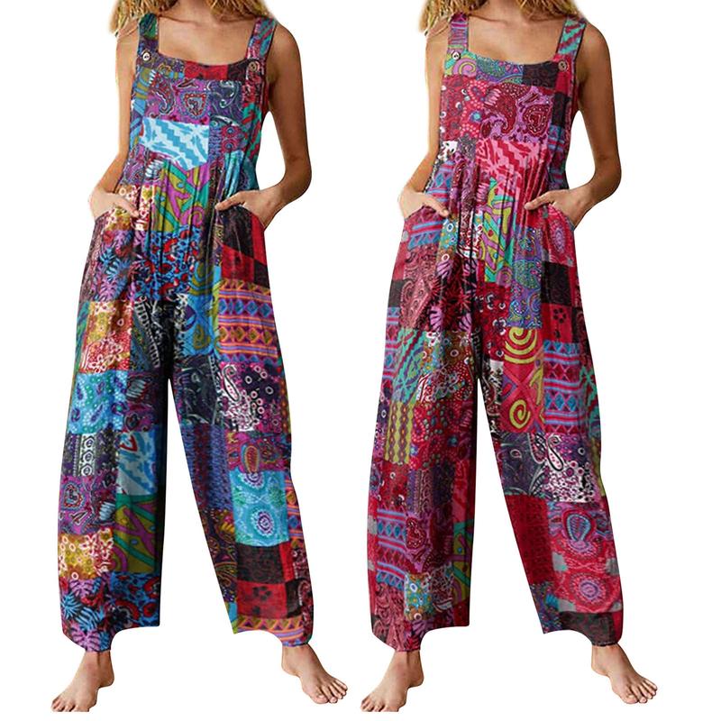 Women Jumpsuits Summer Overalls Multicolor Ethnic Style Square Neck Sleeveless Casual Rompers with Pockets for Girls Playsuit 7