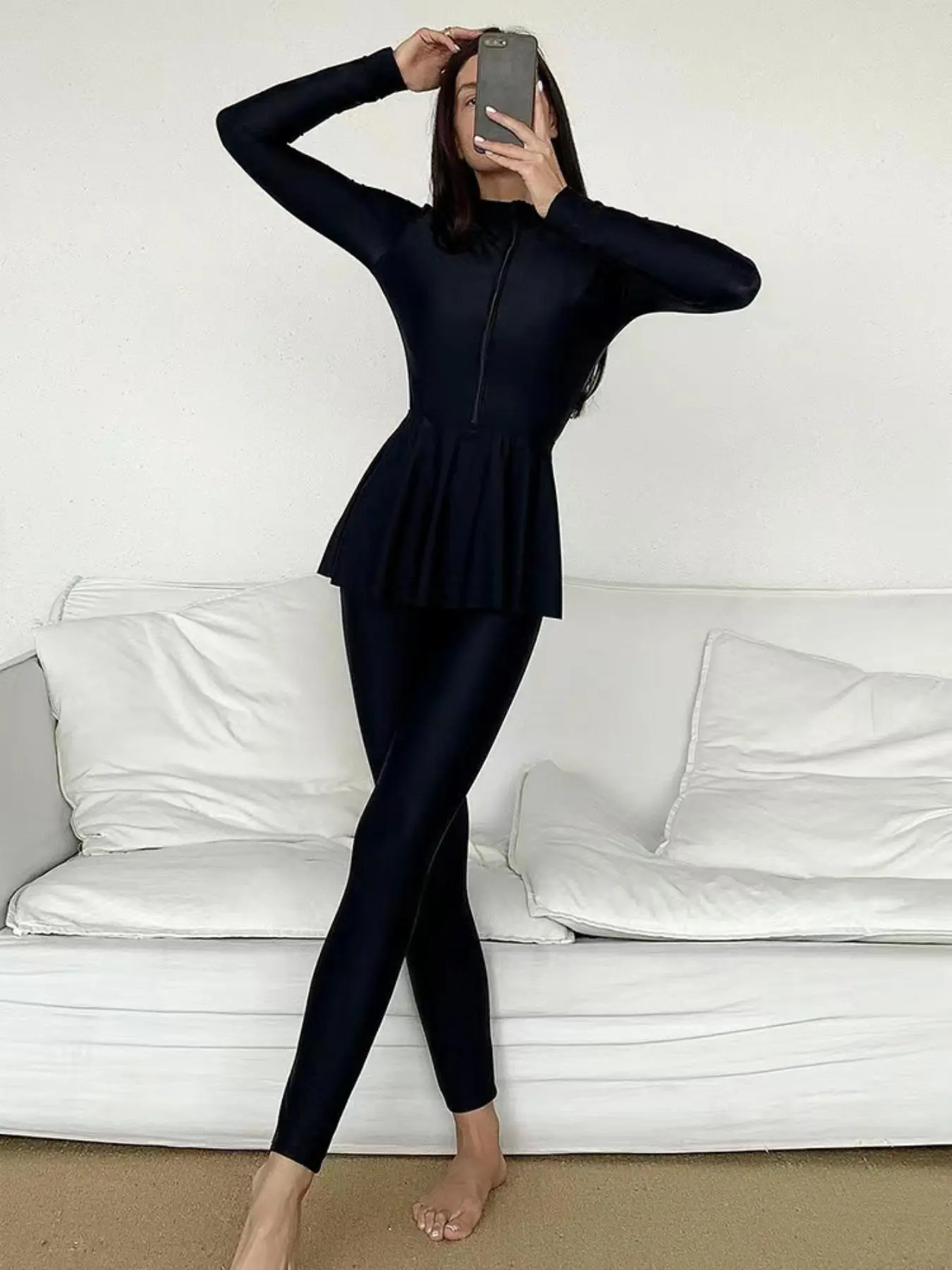 Women's Solid Long Sleeve Racing Swimsuit, Casual Comfy Breathable Jumpsuit for Surfing & Swimming, Ladies Sportswear for All Seasons, Full Coverage Swimsuits
