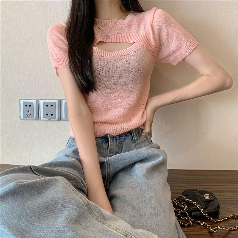Product Introduction of Áo Len Dệt Kim Giả Hai Lớp, Thiết Kế Độc Đáo Sang Trọng Khoét Lỗ Áo Phông Ngắn Tay, Áo Ngắn Cô Gái Nóng Bỏng Mùa Hè, Phong Cách Instagram, Dành Cho Nữ, Bán Chạy Top Women Top Women 23