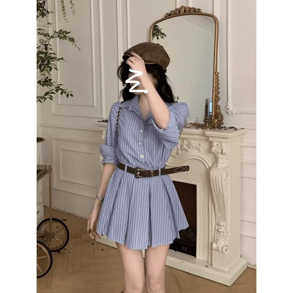 Váy Sơ Mi Sọc Xanh, Phong Cách Preppy Hàn Quốc, Dành Cho Nữ, Hàng Mới Về Đầu Mùa Thu, Váy Xếp Ly Eo Thanh Lịch