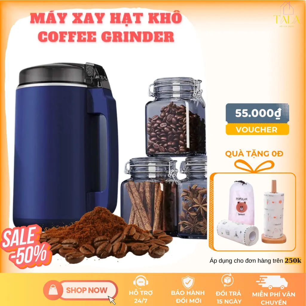 Máy Xay Hạt Khô TALA Đa Năng Công Suất 300W, Xay Bột Ngũ Cốc, Cafe, Thảo Dược Các Loại Hạt Cực Nhanh Dễ Dàng Vệ Sinh