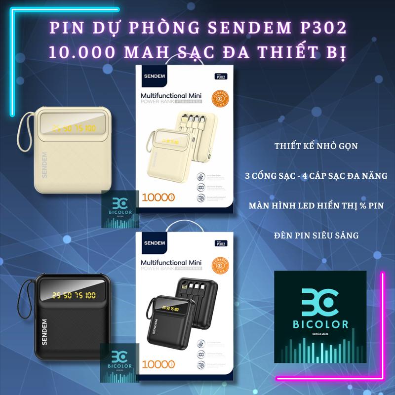 Pin Sạc Dự Phòng Sendem P302 10000mah 4in1 Màn Hình Led Tặng Kèm Sticker Sẵn 4 Cáp Sạc Type C , Micro , Bảo Hành 1 đổi 1 , Sạc Đa Thiết Bị  100000mah sạcdựphòng se  sạcdựphòng chơigame Pin Dự Phòng