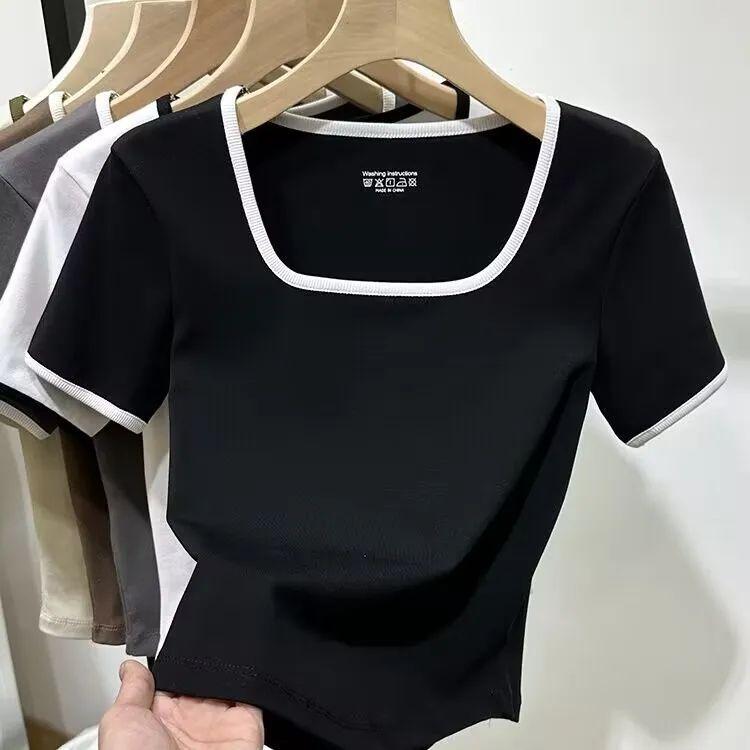 Product Introduction of Large Size Women's Korean-Style U-Collar Shoulder Striped Short-Sleeved T-shirt Women's Summer Fat Sister Versatile Belly Covering Short Top 4