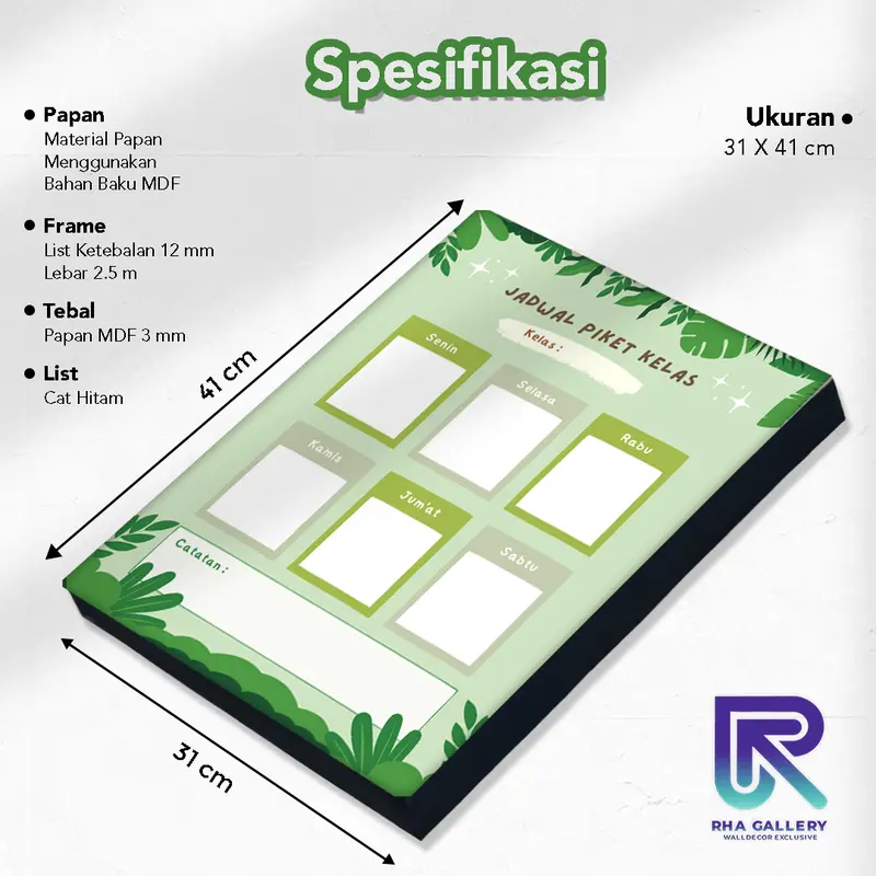 Papan Tulis Kayu Jadwal Piket Planner Daily/ Weekly Schedule Board Motif Hijau Leaves Bingkai Ukuran 31x41 CM Dipasang di Dinding Stationery 1