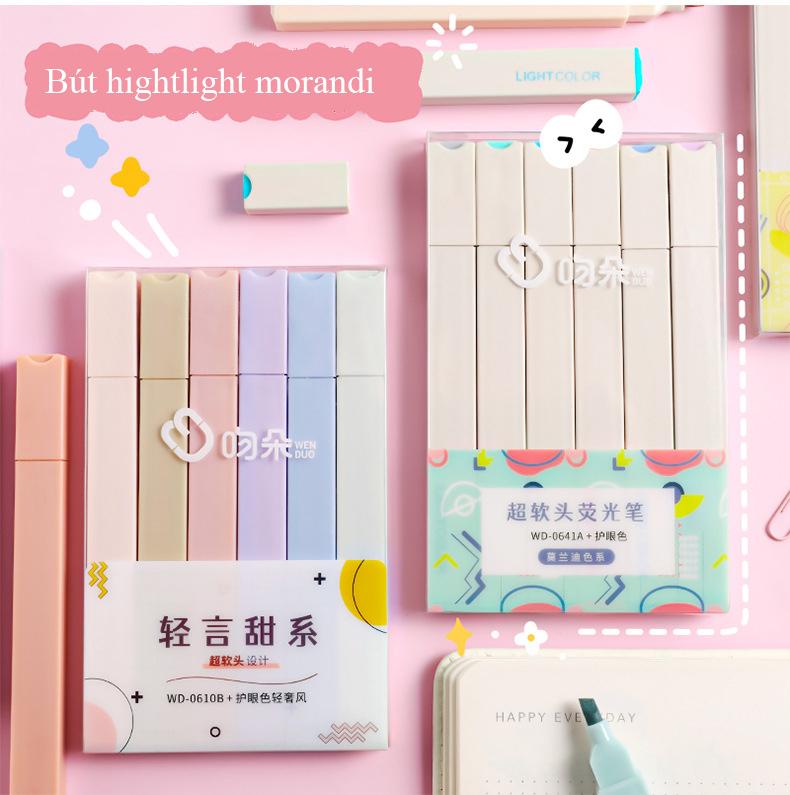 Set 6 bút highlight morandi với gang màu nhẹ pastel dễ thương