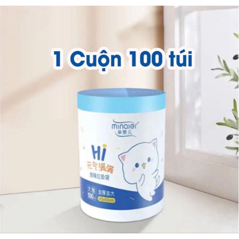 Cuộn 100 túi đựng rác Minaier có quai xách- Túi rác chịu nhiệt cao, tự huỷ sinh học, có dây rút