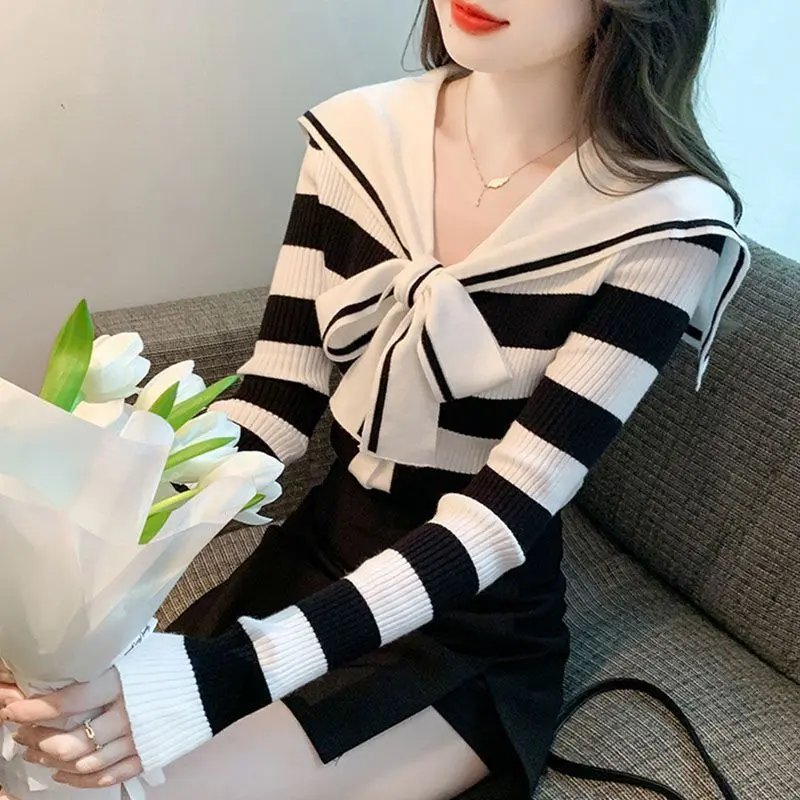 Sọc Cho Nữ, Cổ  Hải Quân, Phong Cách Preppy Mới, Dệt Kim, Thích Hợp Cho Mùa , Dễ Phối Đồ có thể giặt máy  phụ  nữ Top Women đốm trắng đường thêu hàng dệt kim  kẻ ngang đen   real madrid sweater  trễ   tay Dài Tay    nữ quảng châu    love  back áo Tre 1