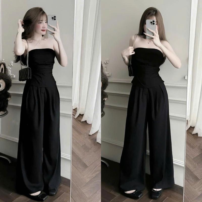 Set Bộ Nữ Chất Mango. Áo Cúp Ngực Nhún Thân Kèm Quần Dáng Dài Ống Suông Women Top