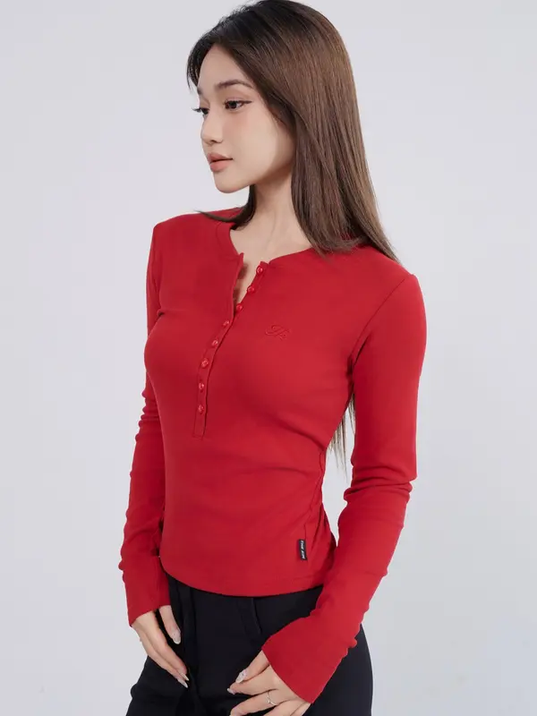 THEKIM Áo thun dài tay cổ tròn cúc ngực , chất liệu Rib cloud 100% cotton vải dày mềm mịn T259 5