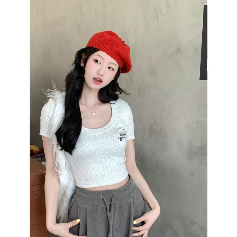 Áo Thun Croptop Mùa hè ngắn tay thêu chữ, cổ chữ V, hợp xu hướng, Phong Cách gợi cảm, Hàng Mới Về 2024 Nữ Women 1