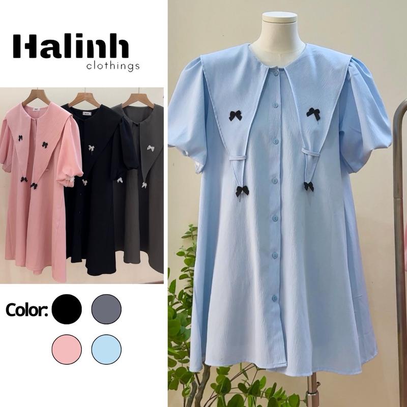 Váy babydoll cổ nhọn đính nơ Halinhclothings Chất vải đũi nhăn Women M166