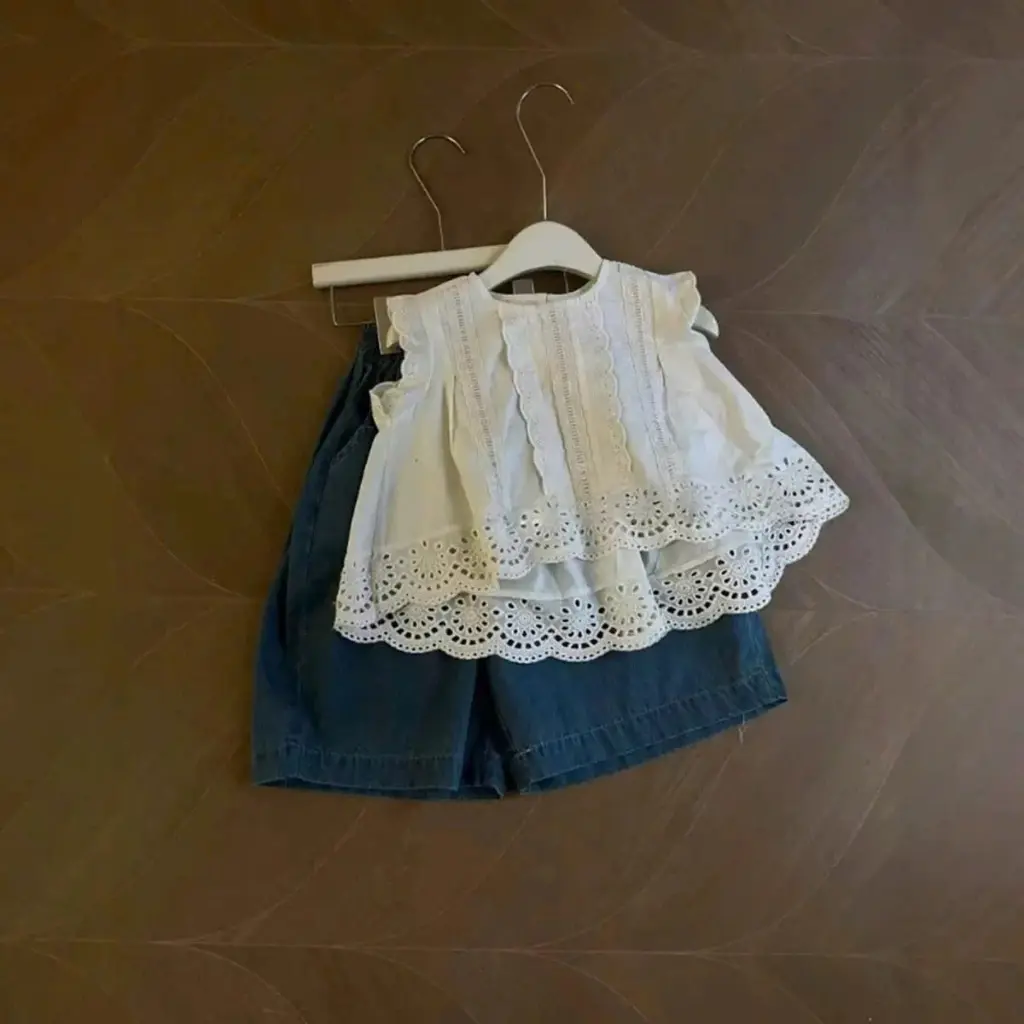 Set áo ren mix quần jean lửng bé gái