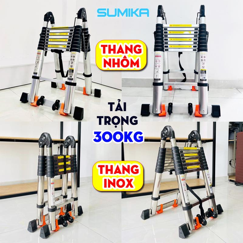 Thang INOX & NHÔM rút đôi Chữ A Sumika xếp gọn cao 1.9m, 2.2m, 2.5m, 2.8m tải trọng 300kg, bảo hành 2 năm, Có Bánh Xe, thang Inox TA190, TA220, TA250, TA280, thang nhôm SK380D, SK440D, SK500D, SK560D, thang điện lạnh, thang thợ điện