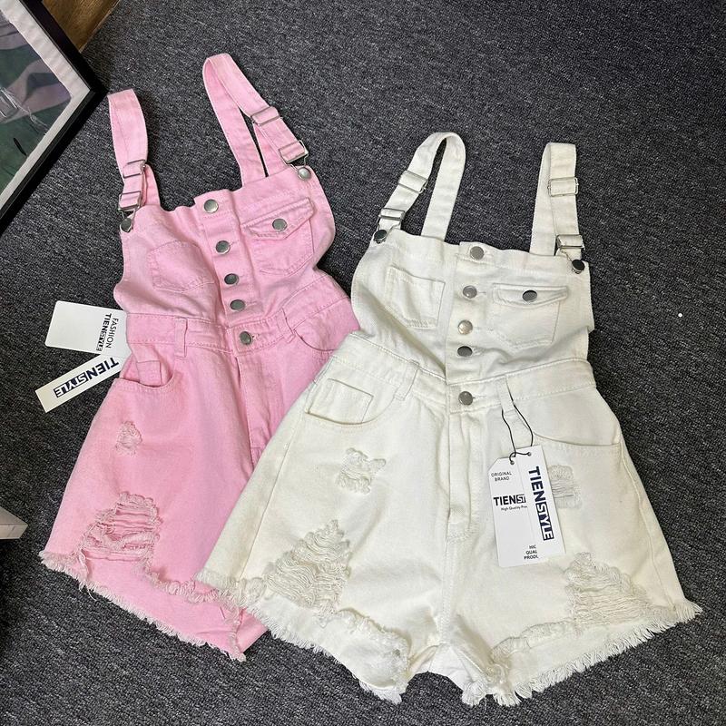 (S-XL) Yếm Quần Jean Nữ Short Hai Dây Lai Rách Một Nắp Túi màu Trắng, Đen, Hồng, Xanh- Cotton, Women