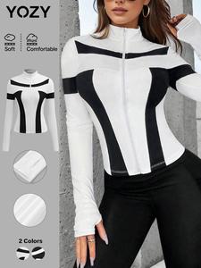YOZY-GOOO Women's Colorblock Zip Up Jacket, Casual Long Sleeve Stand Collar Outerwear for Spring & Fall, Ladies Clothes for Daily Wear