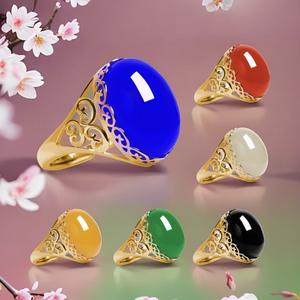 Cincin Nilam Tiruan, Bersalut Emas, Batu Permata Chalcedony Hijau dan Batu Akik Merah, Untuk Wanita, Fesyen Elegan