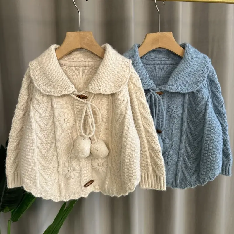 South Korea Children's Clothing Girl's Sweater Autumn and Winter Clothing 2024 Western Style Children's Sweater Pure Cotton Wire Sweater Cardigan Coat