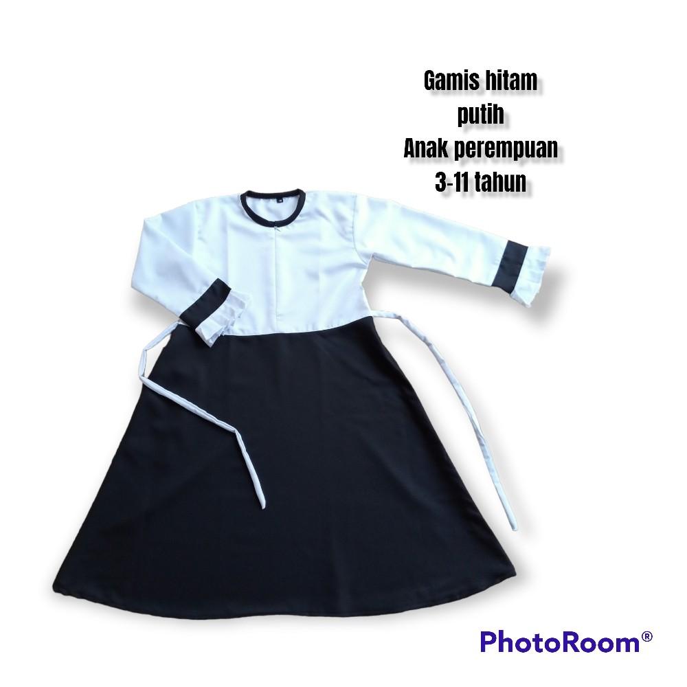 gamis hitam putih anak perempuan paud TK Madrasah usia 3-11 tahun Polos Putih Hitam Katun Muslim Seragam Panjang Baju Dress