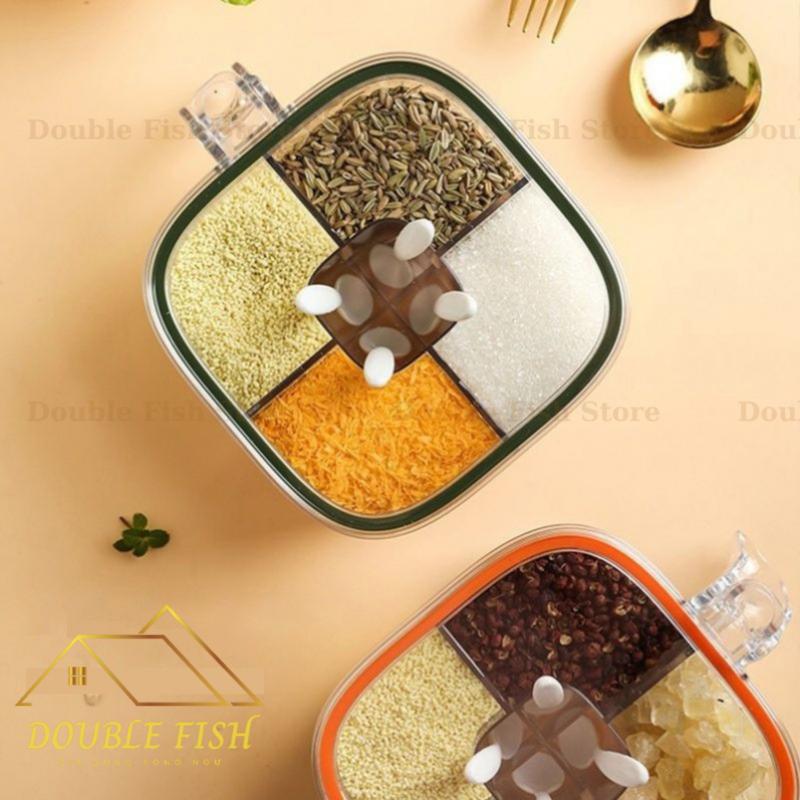 Hộp đựng gia vị 4 ngăn riêng biệt, chống ẩm ướt | Hũ gia vị chia ngăn có nắp đậy kèm thìa tiện lợi HD01 | Double Fish 1
