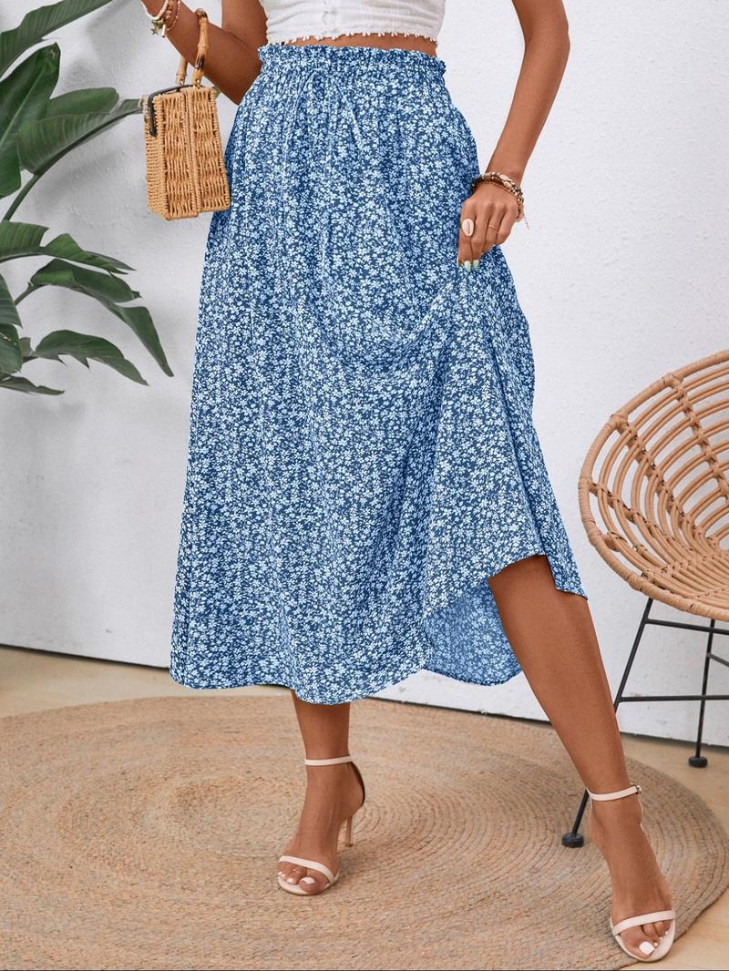 Product Introduction of Women's Plain/Ditsy Floral Print Skirt, Elegant Drawstring Waist Skirt for Holiday Vacation Daily Wear, Ladies Summer Clothes 2