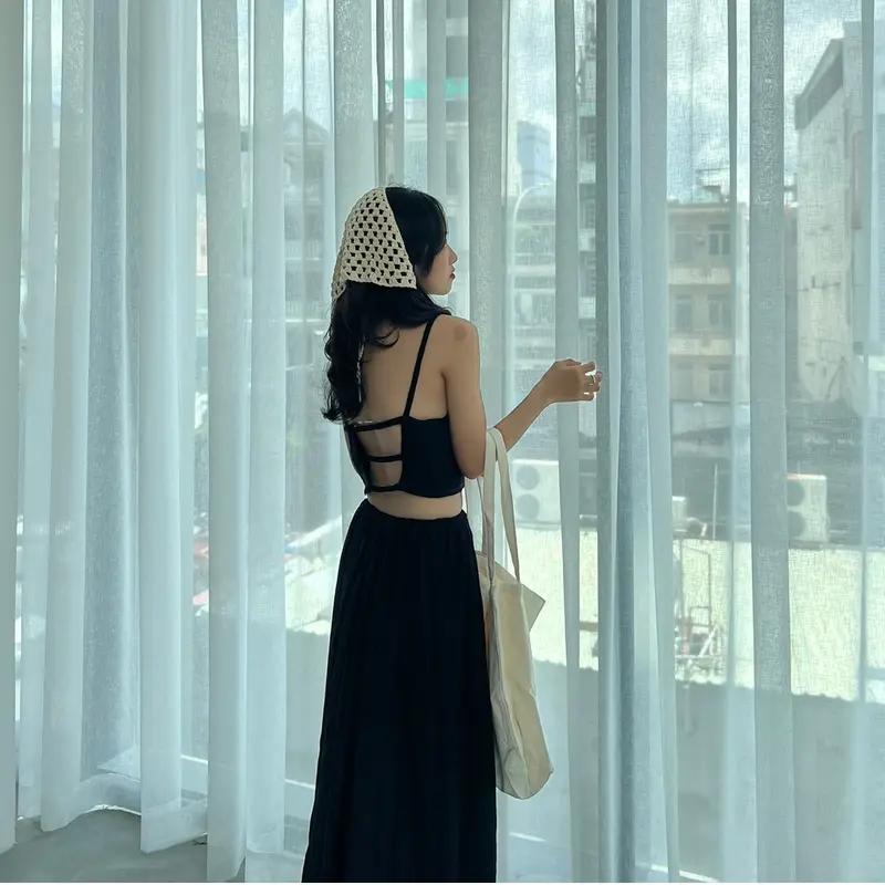 Set áo hở lưng có chun co giãn kèm chân váy dài | comin24th Trắng kem 5