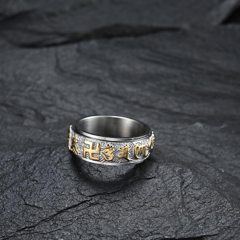 Product Introduction of Buddha Sutra Text Six Words Of Truth Titanium Steel Ring Men And Women With The Same Style Can Be Rotated Lotus Auspicious Cloud Pattern Index Finger Ring 4
